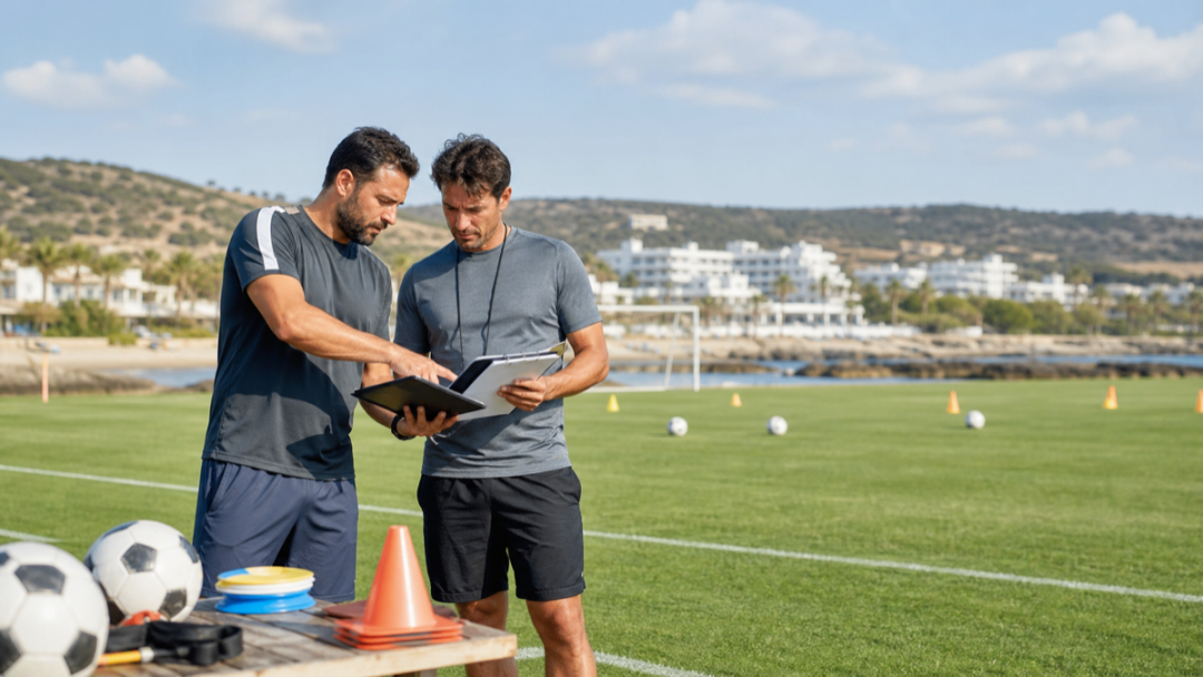 Football team arriving at a training camp in Cyprus