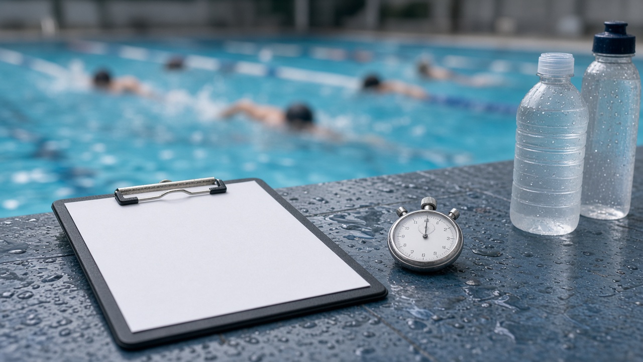 Coach's stopwatch and training plan beside the pool at a club swim camp