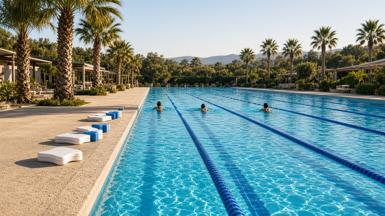 Outdoor 50 m pool with lane ropes and training equipment during a swimming training camp
